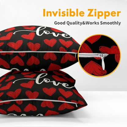 Valentines Day Pillow Covers 24x24 Set of 2 Black Heart Throw Pillow Covers Love Pillowcase Linen Decoration Farmhouse Holiday Cozy Soft Cushion Case Couch for Indoor Outdoor Home Decor