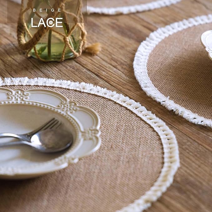 FunWheat 15 Inch Round Jute Placemats Set of 12, Braided Burlap Table Mats for Dining Table, Heat Resistant Farmhouse Woven Placemats for Fall Farmhouse Decor (Short Tassels)