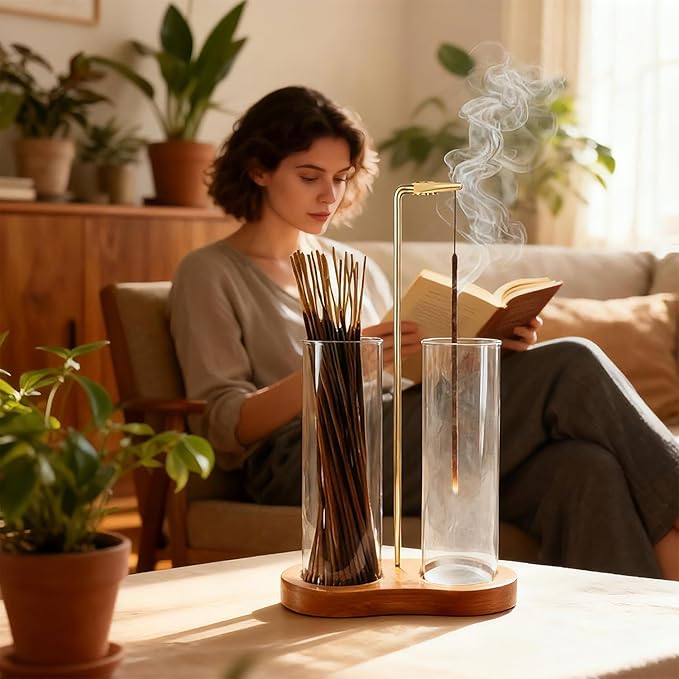 Incense Holder for Sticks 2 in 1 Incense Burner Holder with Storage & Ash Catcher Wooden Base, Glass Vessels, Metal Clip for Meditation, Yoga, Spa, Home & Garden Decor (Two Bases Included)