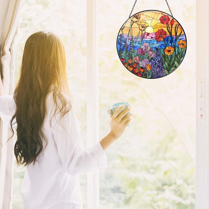 Wildflowers Sun Catcher 6'' Stained Glass Window Hanging Plant Lover Gifts for Women Wildflowers Wall Decor Handmade Sun Catcher Decoration for Garden Home Housewarming Gifts