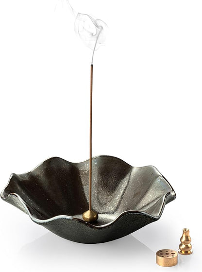 6 Inch Incense Holder with 3 Copper Incense Sockets Lotus Incense Holder for Sticks Modern Insence-Stick Holder for Meditation, Yoga, SPA, Home Decor, Black