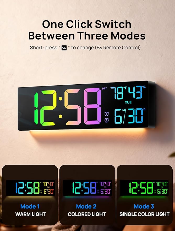 18.5" Large Digital Wall Clock with Remote Control, Big LED Display Digital Clocks with Night Light, Alarm, Countdown, DST, Temp, Date for Living Room, Bedroom, Office, Gift for Seniors(Black)