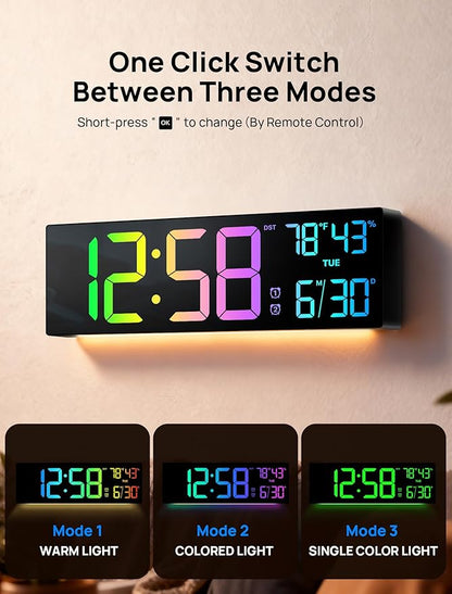 18.5" Large Digital Wall Clock with Remote Control, Big LED Display Digital Clocks with Night Light, Alarm, Countdown, DST, Temp, Date for Living Room, Bedroom, Office, Gift for Seniors(Black)
