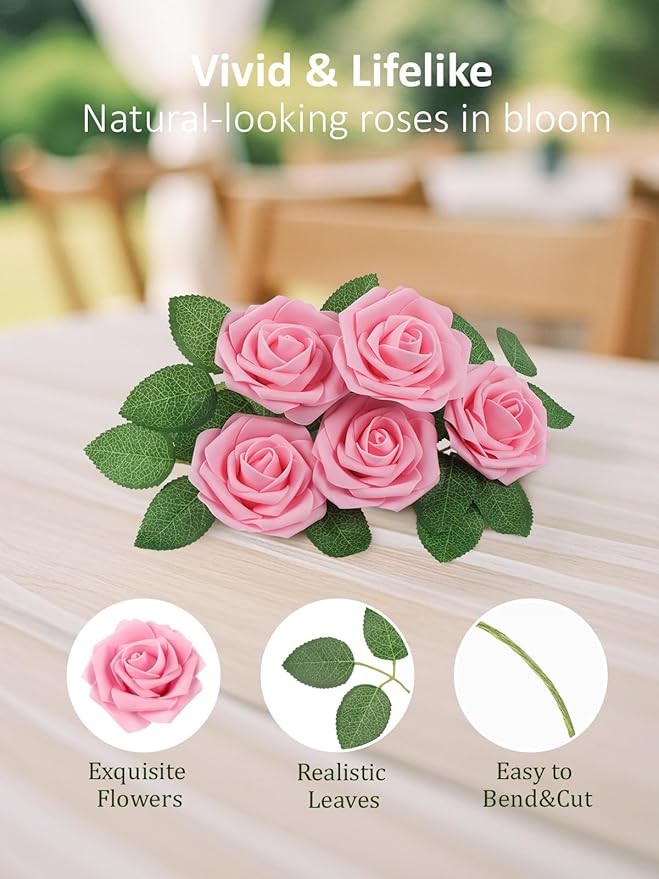 N&T NIETING Artificial Flowers Pink Roses, 25Pcs Fake Flowers Foam Roses with Stems for Valentines Day DIY Wedding Bridesmaid Bridal Bouquets Centerpieces Party Home Decoration Baby Shower