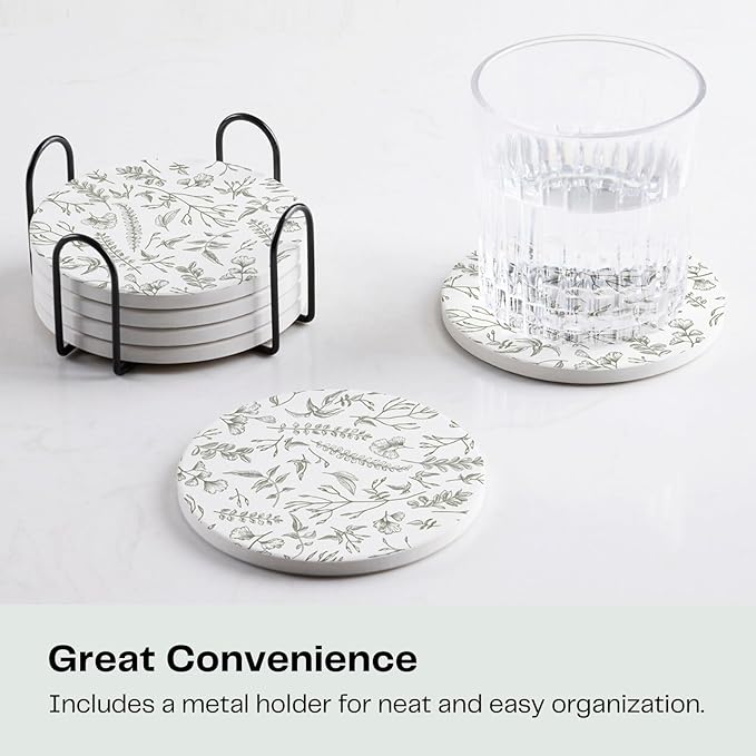 Set of 6 Floral Sage and White Coasters with Holder, Absorbent Ceramic Drink Coasters with Cork Backing for Table Protection, Coffee Table Décor