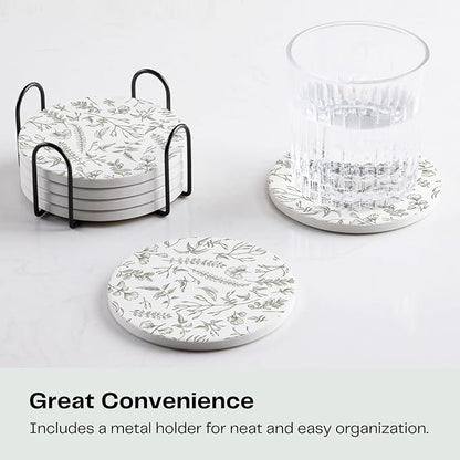 Set of 6 Floral Sage and White Coasters with Holder, Absorbent Ceramic Drink Coasters with Cork Backing for Table Protection, Coffee Table Décor