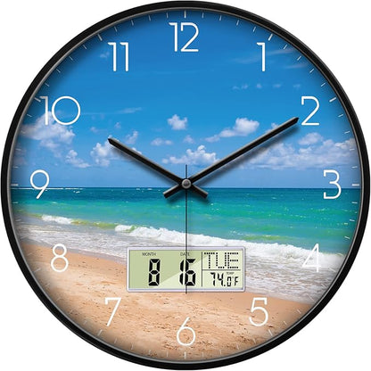 Modern Wall Clocks with Calendar and Date Ocean Wave Sea Beach Digital Clock Large Display Non-ticking Kitchen Silent Clock With Day and Temperature for Elderly Farmhouse Living Room Bathroom 14 Inch