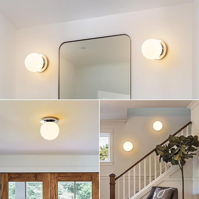 Modern Glass Globe Wall Sconce: Chrome Single Light with Milk Glass Shade - Minimalist Spherical Vanity Sconces over Mirror - Contemporary Ball Wall Lights Fixtures for Entryway Bulb Not Included