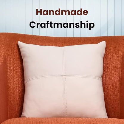 LL LEATHER LOVERS Lambskin Leather Pillow Cover, Hand Panel Stitched Leather Decorative Throw Pillow Covers for Couch Sofa Bed Living Room Garden (14x14 Inches, White Pack of 2)