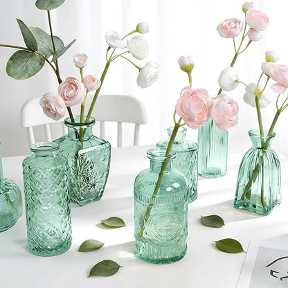 Aqua Green Glass Bud Vase Set of 12, Vintage Mini Flower Vases for Centerpieces, Wedding Table, Assorted Textured Small Glass Vase Bulk for Baby Shower, Bridal Shower, Parties, Home Decor