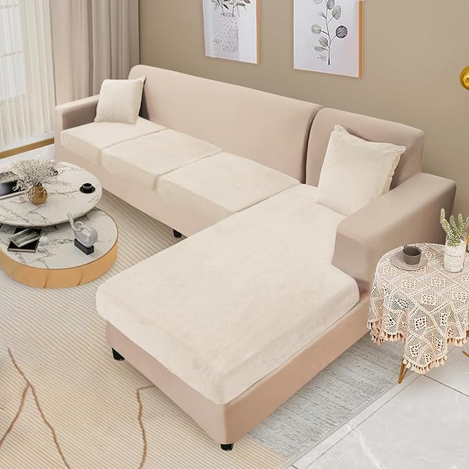 NAISI Sectional Couch Cover 4 Pieces Velvet Separate Couch Cushion Covers L Shape Soft Stretch Sofa Slipcovers with 2pcs Pillowcases for Left/Right Chaise Sectional Couch(3 Seater+1 Chaise,Beige)
