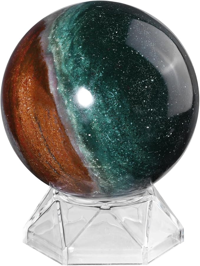 Natural Ocean Jasper Crystal Ball with Acrylic Display Base, 61-70mm Polished Stone Feng Shui Crystal Sphere Meditation Decoration for Home & Office