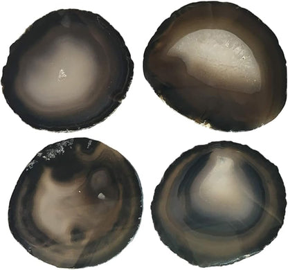 AMOYSTONE Natural Black Agate Coasters Set of 4, 3-4 Inch Stone Coasters, Protective Mat for Table, Thoughtful Retirement Gift for Men, Business Desk