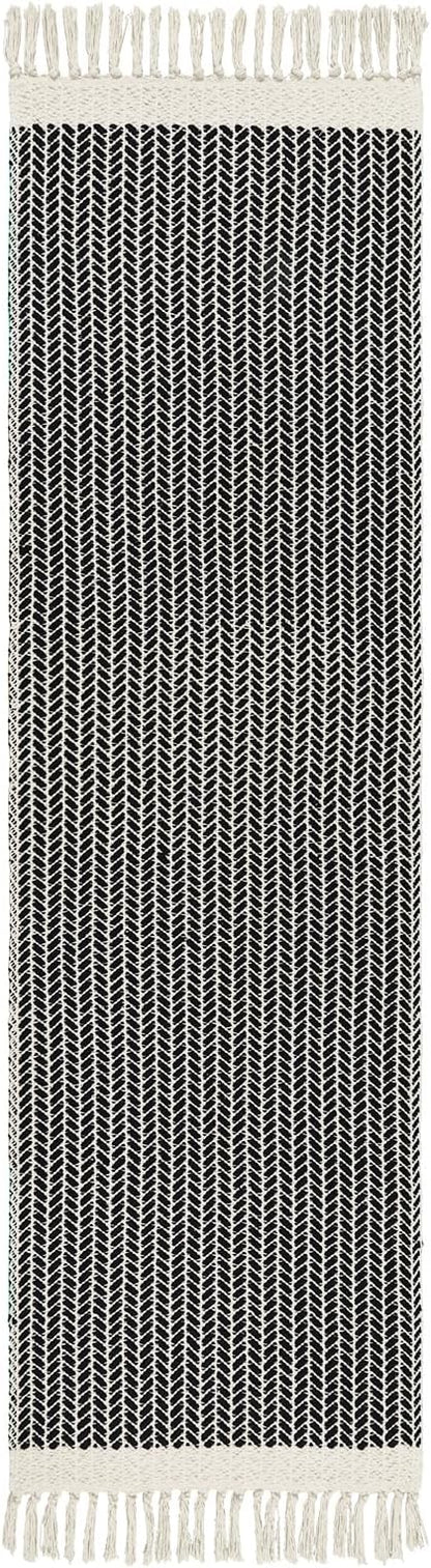 Lahome Boho 2x7 Hallway Runner Rug, Bathroom Runners Lightweight Entry Woven Cotton Black Runner Rug with Tassels, Farmhouse Door Mats Indoor Low Pile Carpet for Laundry Room Decor