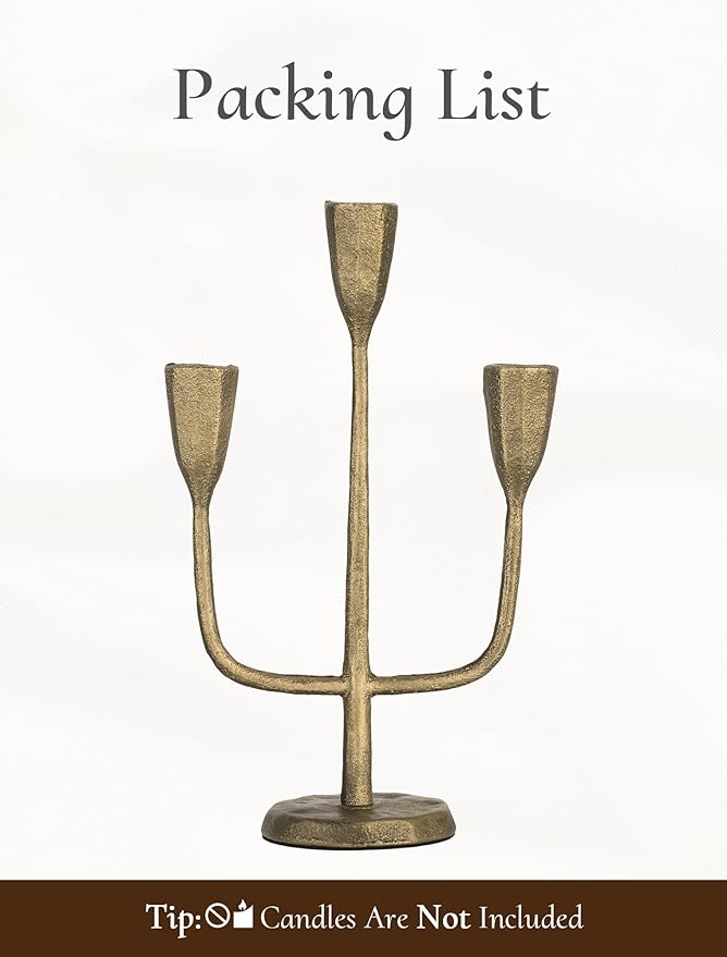 Cast Iron Gold Candelabra: 10.4 Inch Tall Vintage Taper Candle Holders 3 Arms Brass Candlestick Holders Antique Candelabra Centerpieces for Tables Fireplace Living Room Decor Set of 1