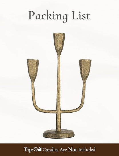 Cast Iron Gold Candelabra: 10.4 Inch Tall Vintage Taper Candle Holders 3 Arms Brass Candlestick Holders Antique Candelabra Centerpieces for Tables Fireplace Living Room Decor Set of 1