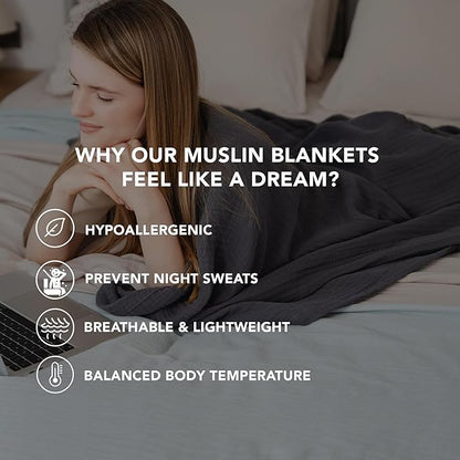 Goqan Muslin Blanket Queen 79x90 – 100% Turkish Cotton 4 Layer Boho Muslin Blanket for Adults, Four Season, Lightweight and Thin, Soft, Breathable for Bed - Dark Grey