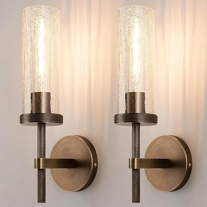 15" Knurled Brass Wall Sconces Set of 2, Bronze Bathroom Vanity Light Fixtures with Crackle Glass Tube, Modern Lamp Lighting for Bedroom, Living Room, Hallway, Staircase, Mirror, Kitchen