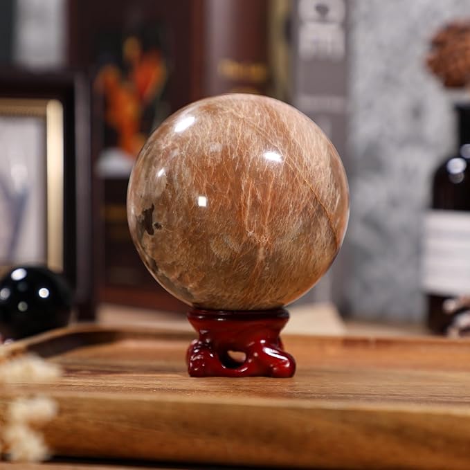 moonsix Natural Orange Moonstone Crystal Sphere with Resin Stand Healing Energy Stone Decorative Ball Sculpture for Home Office Tabletop, 71-80 mm