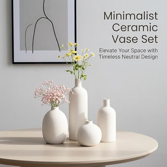 Ceramic Vase Set of 4, Modern Minimalist Colors Home Decor, White Decorative Flowers Vases for Bouquet, Pampas | Table Mantel Centerpiece Bookshelf Living Room Bedroom (White Set of 4)