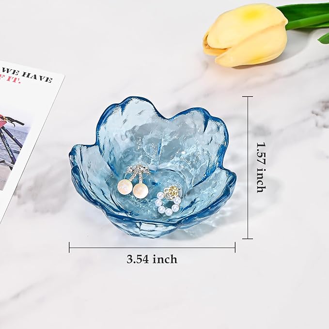 Koythin 2-Piece Glass Jewelry Tray, Mini Ring Dish for Necklace Earring Bracelet, Cute Trinket Tray for Engagement Vanity Bathroom, Crystal Floral Aesthetic Room Decor for Women Girl Mom (Blue)