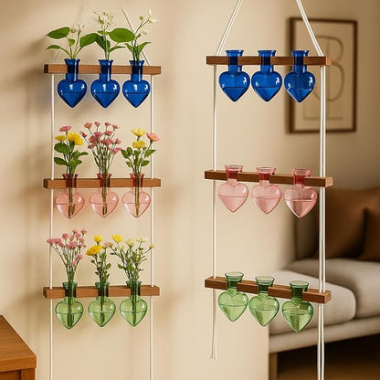 Leinuosen Wall Hanging Plant Propagation Stations 3 Tiered Planter Terrarium with Wooden Stand Home Decor Valentines Gifts for Her Hydroponics Plant Lovers - 9 Glass Vases(Heart Shaped,Multicolor)