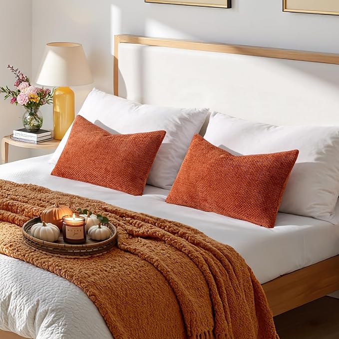 MIULEE Pack of 2 Fall Burnt Orange Decorative Pillow Covers 20x12 Inch Soft Chenille Couch Throw Pillows Farmhouse Cushion Covers for Home Decor Sofa Bedroom Living Room