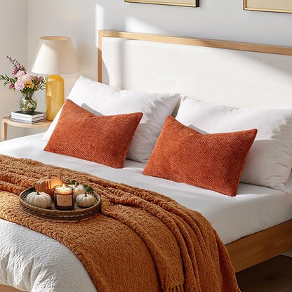 MIULEE Pack of 2 Fall Burnt Orange Decorative Pillow Covers 20x12 Inch Soft Chenille Couch Throw Pillows Farmhouse Cushion Covers for Home Decor Sofa Bedroom Living Room