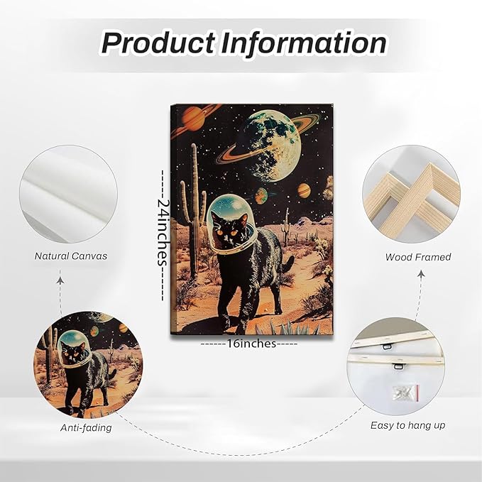 Ijeroain Black Space Cats Wall Art Funny Cat Wall Decor Pictures Cat astronaut painting artwork Cosmic planet Whimsical Print for Boys and Girls Room Bedroom home decoration 16x24in Canvas