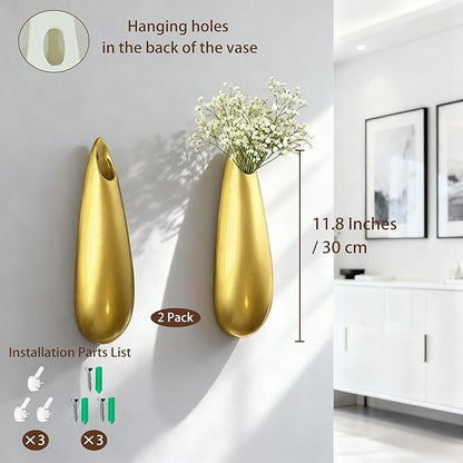 Sculptural Wall Ceramic Vase — 2 Pack Gold Hanging Sconce Vase | Turn Flowers into Art — Decorative Ceramic Wall Sconce for Single Stem Displays