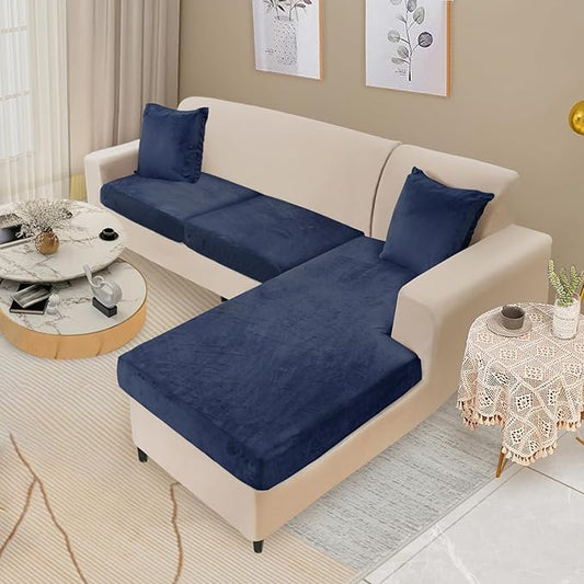 NAISI Sectional Couch Cover 3 Pieces Velvet Separate Couch Cushion Covers L Shape Soft Stretch Sofa Slipcovers with 2pcs Pillowcases for Left/Right Chaise Sectional Couch(2 Seater+1 Chaise,Navy)