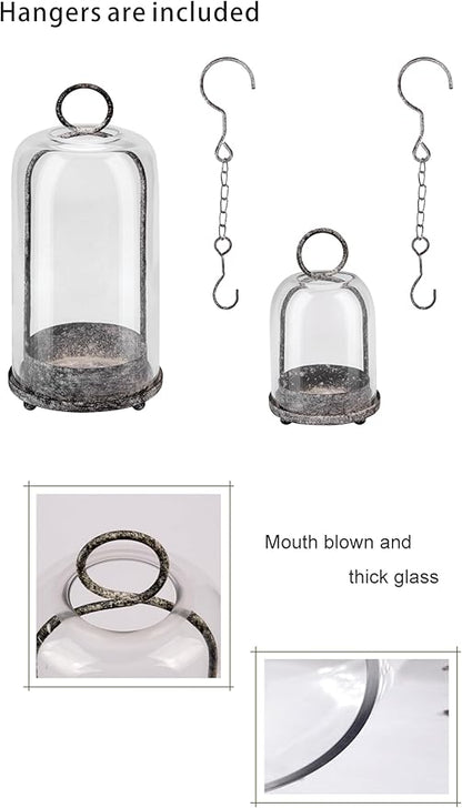 6" & 4" Wide Versatile Modern Metal Hurricane Lantern with Handmade Sturdy Glass Dome in Shabby Black for Pillar Candle & Plants, Industrial, Farmhouse, Shabby Chic (Black Shabby, 4"x7.5" &6.3"x11.2")