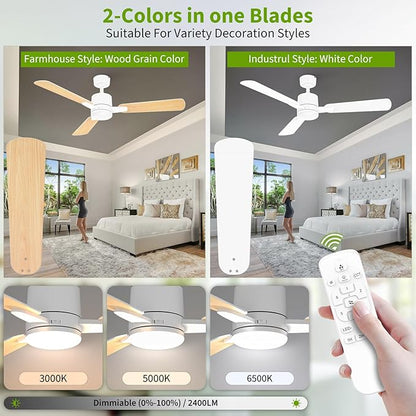 Ceiling Fans with Lights, 52 Inch Low Profile Ceiling Fan with Light and Remote Control,10 Min Quick Installation,Reversible,3CCT Dimmable,Quiet,white Small Ceiling Fan for Bedroom Indoor/Outdoor