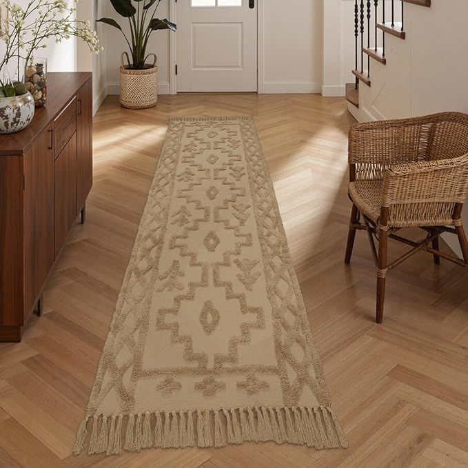 Uphome Boho Runners for Hallways 2.6' x 10', Washable Farmhouse Entryway Runner Rug, Cotton Tufted Bedroom Runner Rugs, Bohemian Tribal Aesthetic Rug for Kitchen Doorway Bathroom Living Room, Khaki