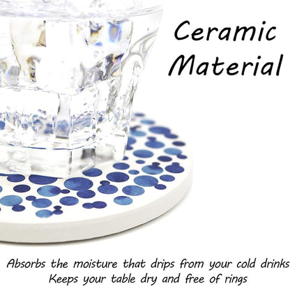 AD Set of 6 Coasters for Drinks Absorbing Round Ceramic Stone Coaster with Cork Base,Tabletop Protection Mat for Mugs and Cups,Office,Kitchen (Indigo Blue with Holder)
