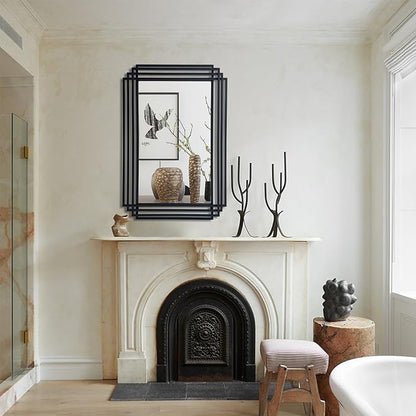 Rectangle Vanity Mirror, 24"x36" Geometric Wall Mirror with Black Metal Frame, Modern Elegant Art Mirrors for Living Room Bathroom Bedroom Entryway Hallway, Hangs Vertically or Horizontally
