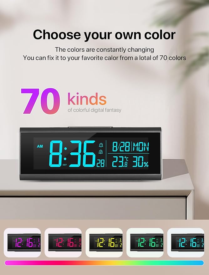 MASHI Alarm Clocks for Bedrooms, 8.54" LED Digital Clock with 9 Color Changing Night Light, Adjustable Brightness, DST,Heavy Sleepers,Temperature for Living Room, Ideal Gift for Kids,Teens,Seniors
