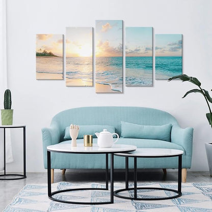 Goldfoilart 5 Pieces Beach Sunset Canvas Wall Art Blue Sea Prints Romantic Ocean Waves Pictures Painting for Living Room Bedroom Home Decorations Wall Decor Ready to Hang