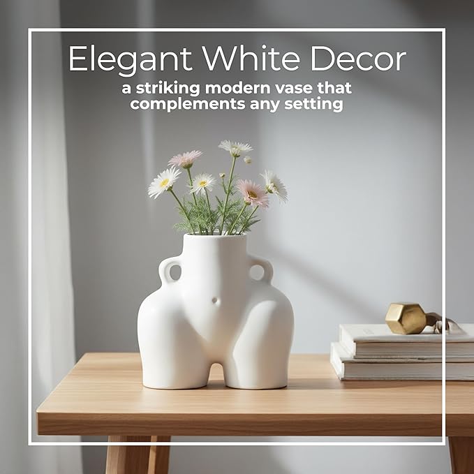 Sagebrook Home Modern Glam Decorative Vase - Unique Body Shape Design - Stoneware Ceramic - Stylish Home & Office Accent - Perfect for Living Room, Bedroom, or Desk - 6" White