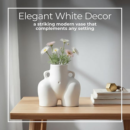 Sagebrook Home Modern Glam Decorative Vase - Unique Body Shape Design - Stoneware Ceramic - Stylish Home & Office Accent - Perfect for Living Room, Bedroom, or Desk - 6" White