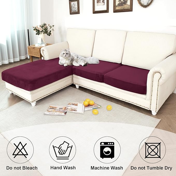 NAISI Waterproof Couch Cushion Covers Thick Velvet Fabric Washable Sofa Slipcovers Sectional Couch Covers for 3 Pieces Separate L Shape Couch Cover with Elastic Bottom(2 Seater + 1 Chaise, Burgundy)