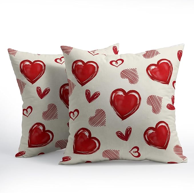 Valentines Day Pillow Covers 16x16 Set of 2 Beige Red Heart Throw Pillow Covers Love Pillowcase Linen Decoration Farmhouse Holiday Cozy Soft Cushion Case Couch for Indoor Outdoor Home Decor