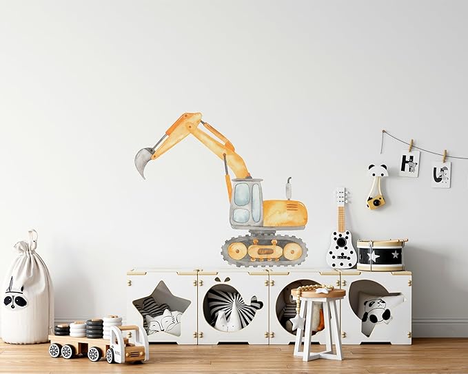 Construction Excavator Wall Decal for Boys Room, Construction Eqipment Peel Stick Removable Fabric Wall Sticker, Nursery or Playroom Decor, Repositionable (16 inch: 14" Tall x 16" Wide)