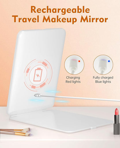 FUNTOUCH Rechargeable Travel Makeup Mirror with Lights and 10X Magnifying Mirrors, Portable Lighted Vanity Mirror with 80 Led,2000mAh Battery,3 Color Lighting,Touch Dimming,Tabletop Light up Mirror