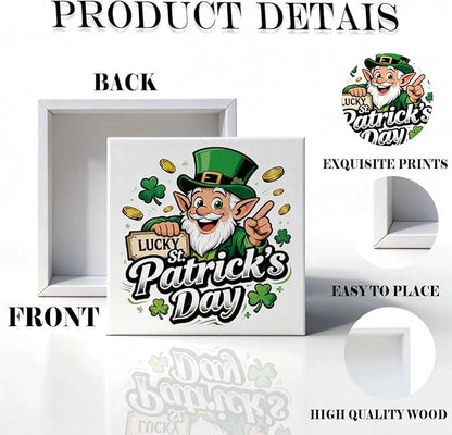 St. Patrick's Day Decor Lucky St Patrick's Day Wooden Box Sign, Cartoon Leprechaun Irish Theme Tabletop Decor for Home Bar Shelf Desk, Farmhouse Holiday Wooden Decoration Party Gift 5 x 5 Inches