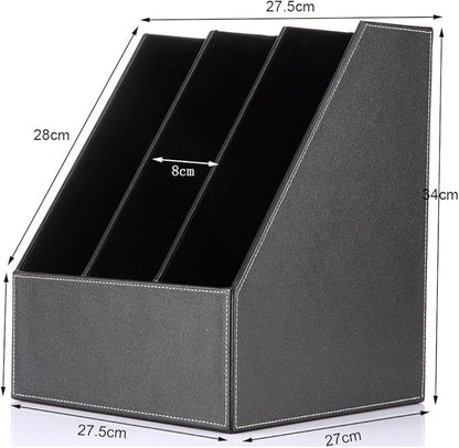 KINGFOM Desktop Wooden Leatherette Magazine File Holder-Organizer-3 Compartment Stand Rack-Papers Storage Box (black)
