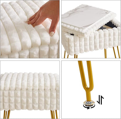 IBUYKE Rectangle Vanity Chair with Storage Space, Footrest Footstool Ottoman, Vanity Stool, Dressing Table Chair, with Anti-Slip Feet, for Makeup Room, Bedroom, Square Grid Pattern, White WBD004W