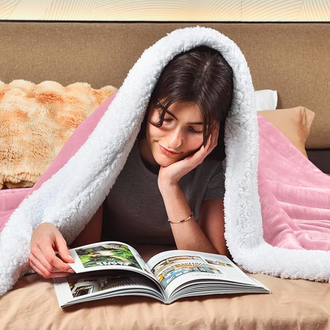 KAWAHOME Sherpa Fleece Queen Size Blanket for Bed - Extra Warm and Heavy Thick Blankets for Winter, Super Soft 500GSM Plush Blanket, 90"X 90" Pink