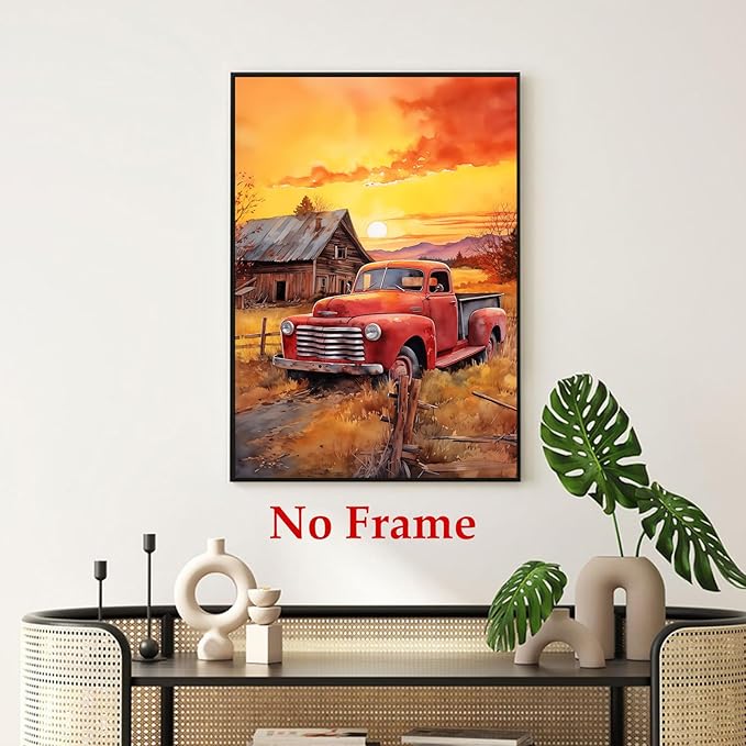 Farmhouse Scenery Canvas Red Truck Picture Farm Tractor Wall Art Old Barn Posters Old Tractor Painting Country House Artwork Rustic Landscape Picture Sunset Farmhouse Wall Art 16x24in No Frame