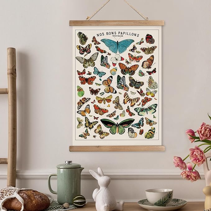 XIAOAIKA Vintage Butterfly Species Poster - Illustrated Educational Chart with Wooden Frame - Entomology Wall Art for Nature Lovers, Classrooms, and Home Decor 12 x 16 Inches